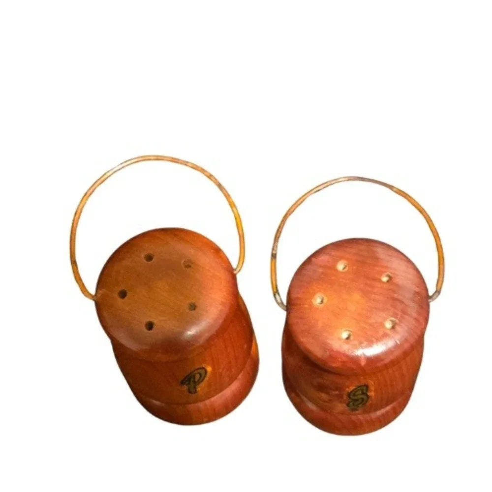 Vintage Wooden Salt Pepper Shakers Set Handles‎ P S Engraved Rustic Kitchenware